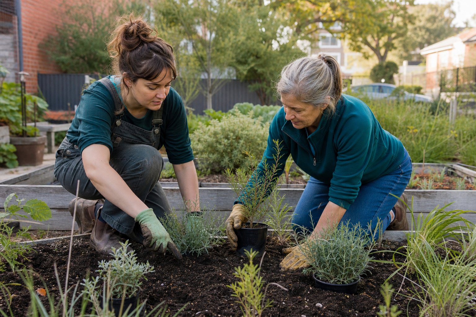 Two local gardeners planting together in a community garden