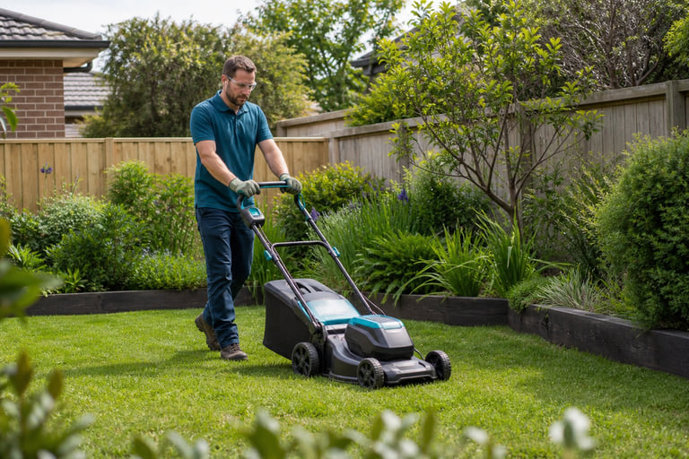 A professional gardener mowing a residential lawn